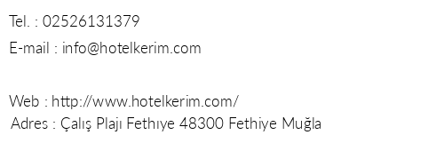 Kerim Hotel telefon numaralar, faks, e-mail, posta adresi ve iletiim bilgileri